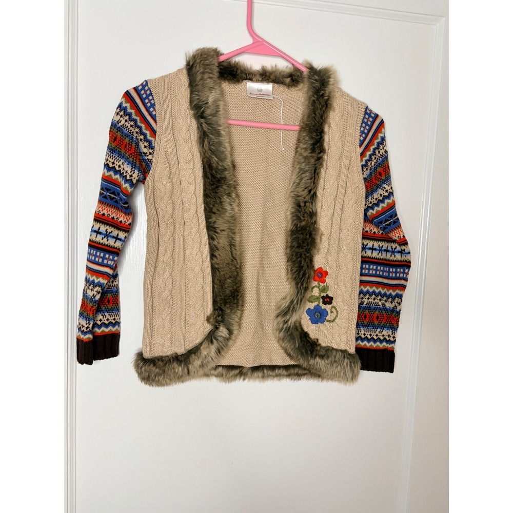 Hanna Andersson Sweater Faux Fur Trim Embroidered Fair Isle Sleeves 120 6/7